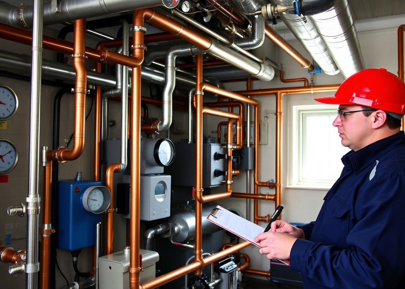Brendco technician inspecting boiler piping and gauges in a mechanical room