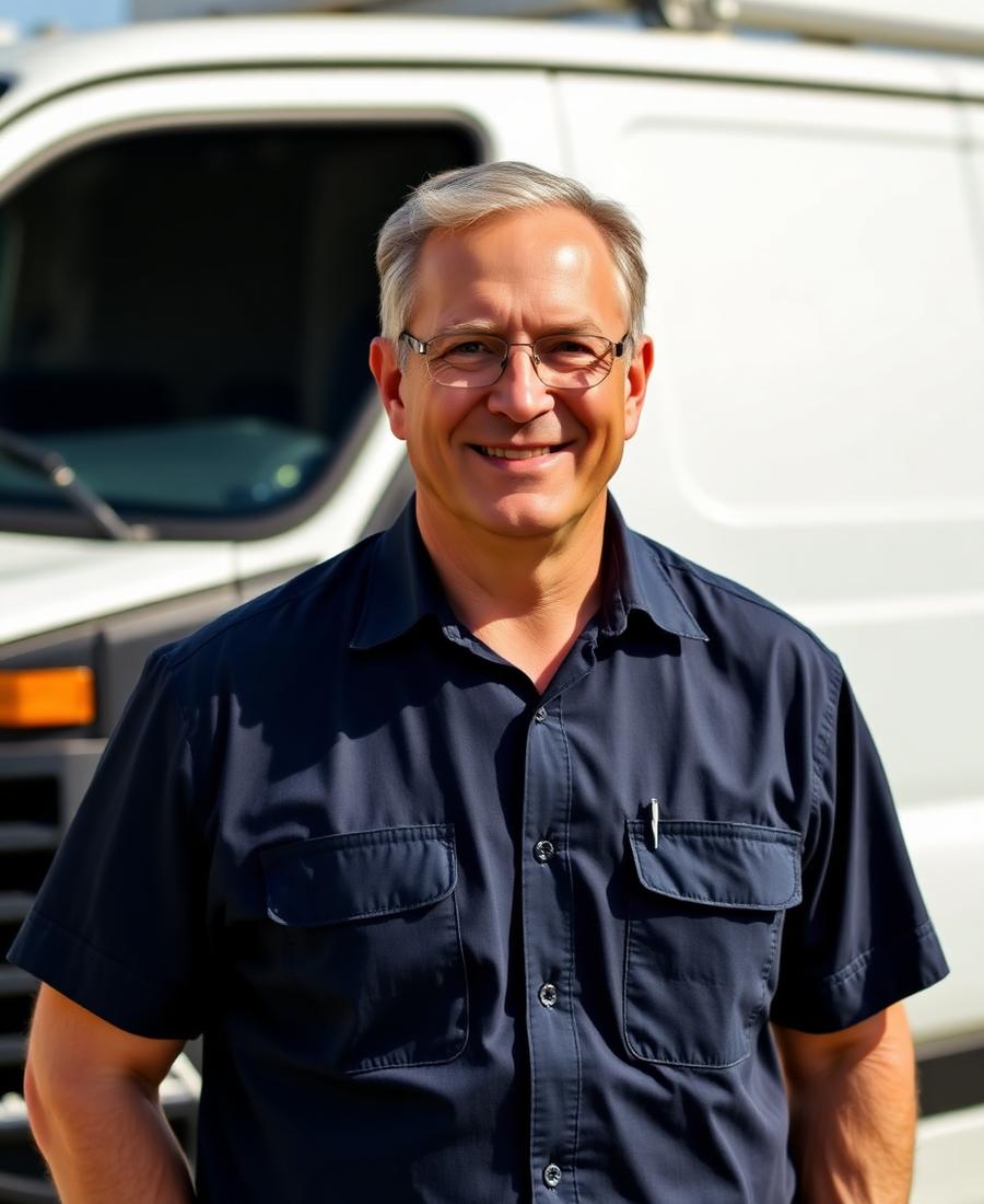 Walter Lynn, founder and owner of Brendco Mechanical Services, in front of a service van