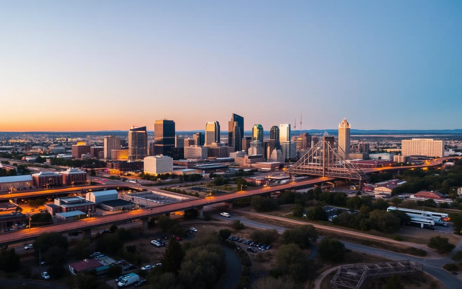 Aerial view of downtown Sacramento at dusk, Brendco's primary service area